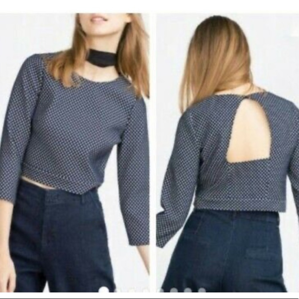 Zara crop top navy with white polka dot open back retro vintage vibe